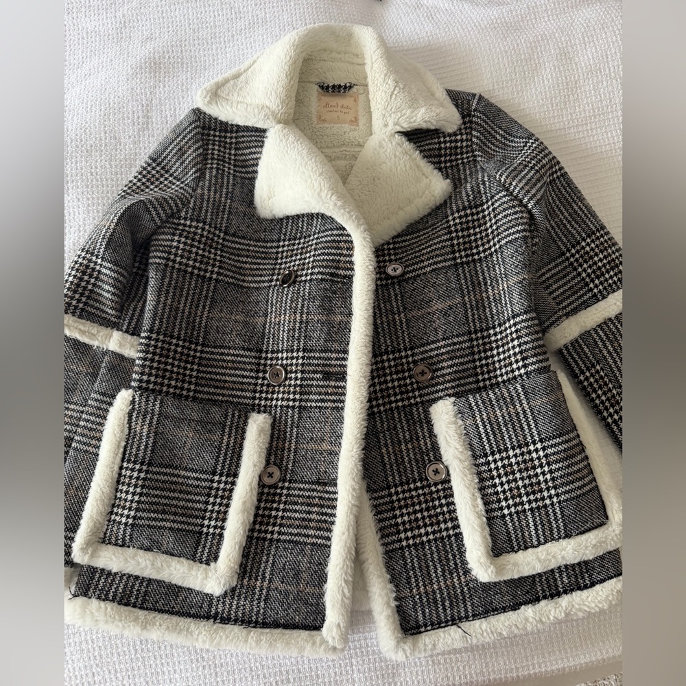 Altar'd State Cream and Black Checkered Teddy Jacket